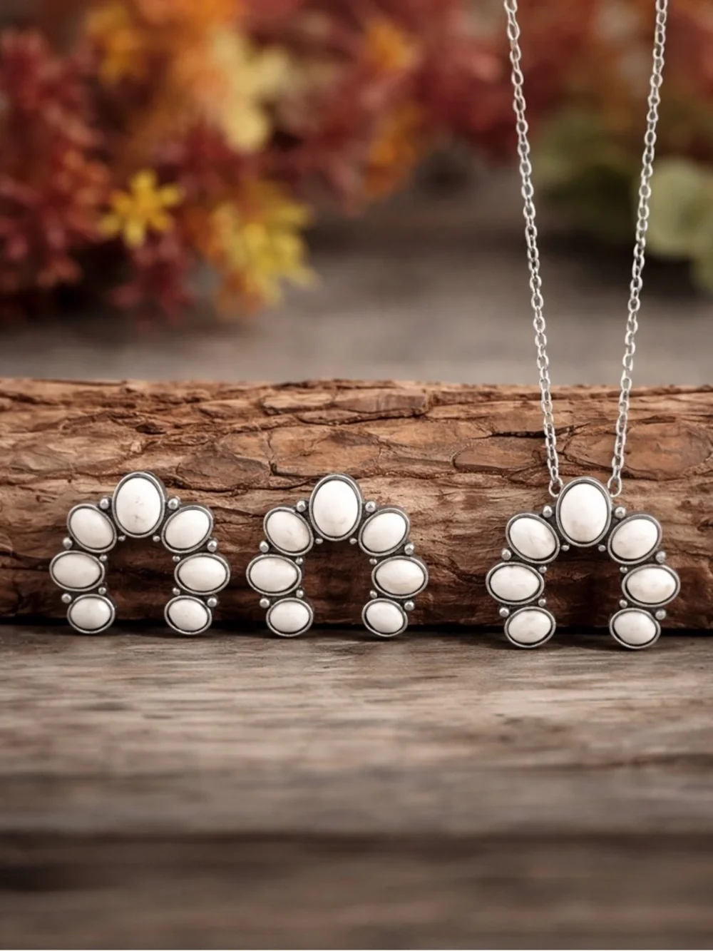 Squash Blossom Turquoise Necklace Earring Set Western Boho White Buffalo Silver